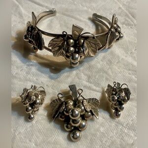 Massive Sterling Silver Grape leaf bracelet, pendant/brooch, earring set.